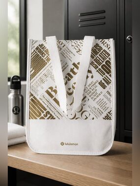 NWOT Lululemon Reusable White Bag Tote with Gold Logo & Snap Closure Waterproof